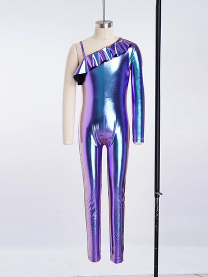 Kids Girls Metallic Shiny Ballet Dance Unitards Figure Skating Acrobatics Gymnastics Leotard One Shoulder Long Sleeve Jumpsuit