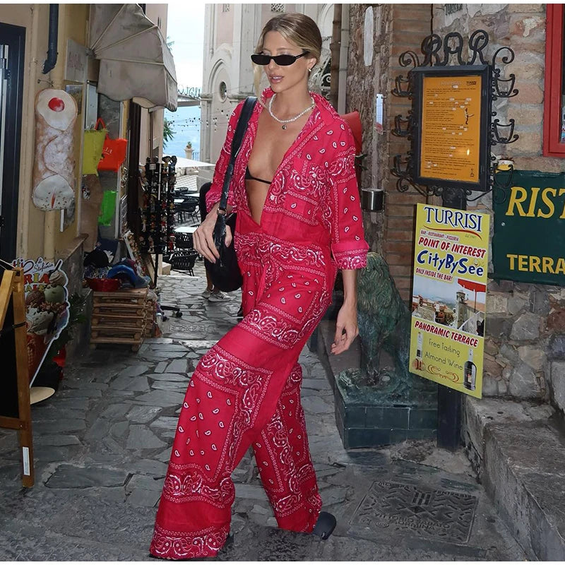 Women's Bandana Print Two Piece Set Boho Long Sleeve Shirt & Wide Leg Pants Matching Outfits for Beach Vacation Streetwear 2026