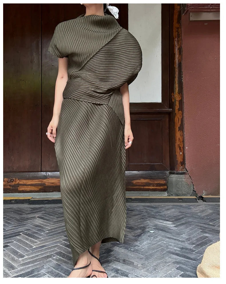 Miyake Pleated Women Set 2026 Summer New Solid Color Irregular Design T-shirt Loose Large Half Skirt Female Two Piece Set