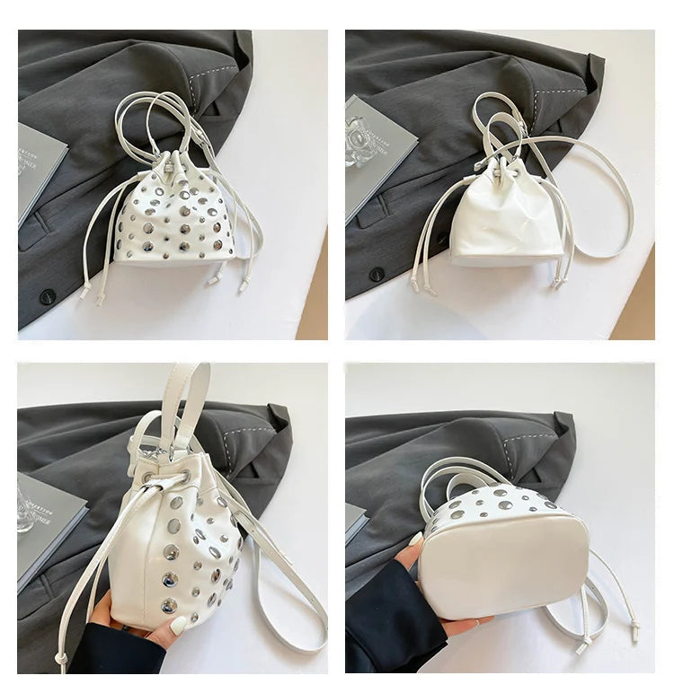 New Solid PU Bucket Design Personality Retro Shoulder & Crossbody Bags 2026 Fashion Exquisite Rivets Stylish Handbags for Women