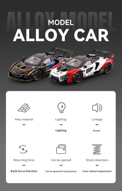 Simulated 1/24 McLaren Senna car model with sound and lights, track version sports car model, boys gift, collection ornaments
