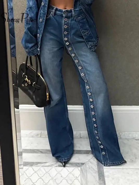 SHENGPALAE European And American Style Single-sided Multi Button Straight Leg Jeans For Women 2026 New