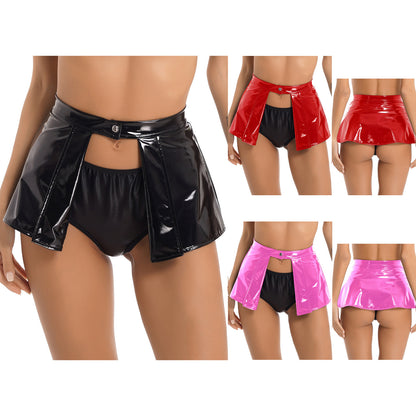 Womens Patent Leather Mini Skirt Female Wet Look Clubwear Rave Custom for Pole Dancing Open Front One Button Bodycon Skirts