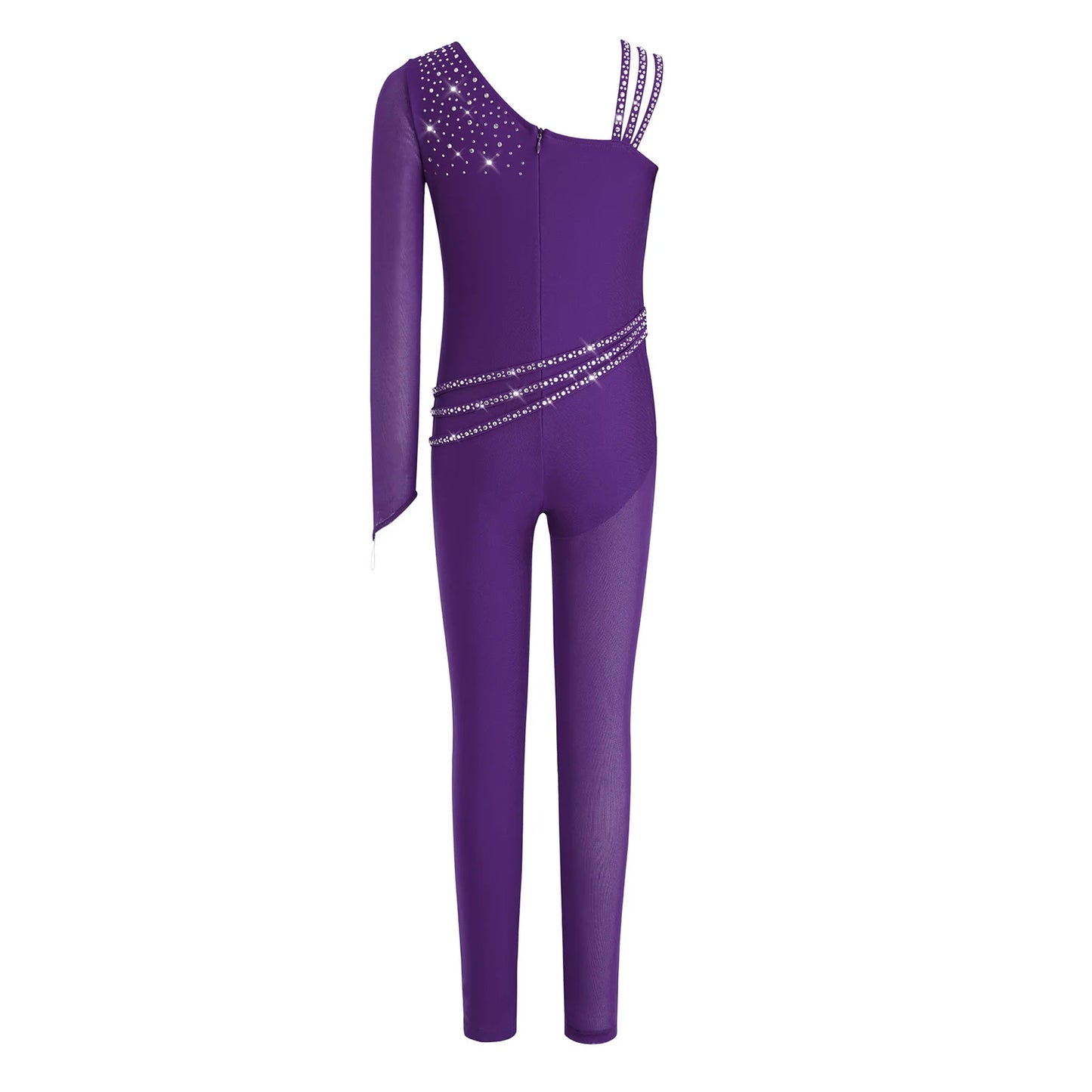 Kids Girls Ballet Dance Gymnastics Leotard Shiny Rhinestones Mesh Asymmetrical Jumpsuit for Figure Skating Acrobatic Performance