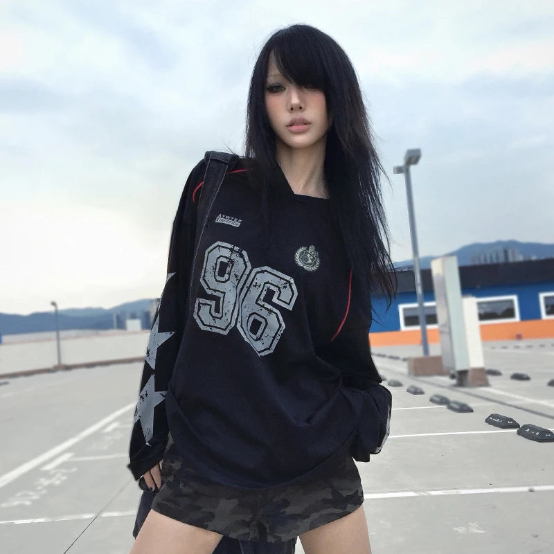 Karrcat Grunge Aesthetics Long Sleeve Jersey Tops Trashy 2000s Style Number Print T-shirt Japanese Y2k Streetwear American Retro