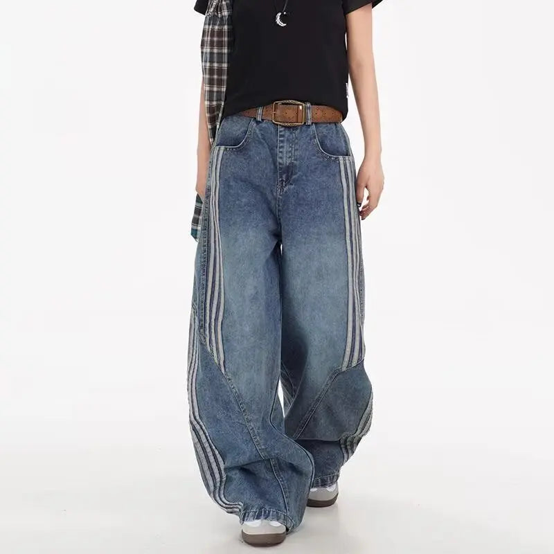 High Waist Loose Straight Leg Jeans American Stripe Splicing Unisex Spring Summer Autumn Winter Vintage Long Trousers