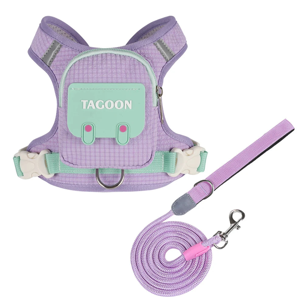 Dog Cat Harness and Leash Set, Reflective Adjustable Pet Vest with Backpack  for Small Medium dogs