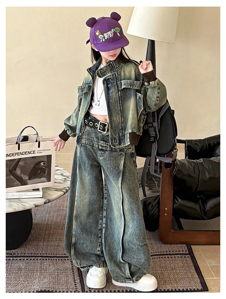 American Retro Denim Set for Girls  2026 Spring New Style Buttoned Collar Coat and Floor-Length Pants Set 5-13Y