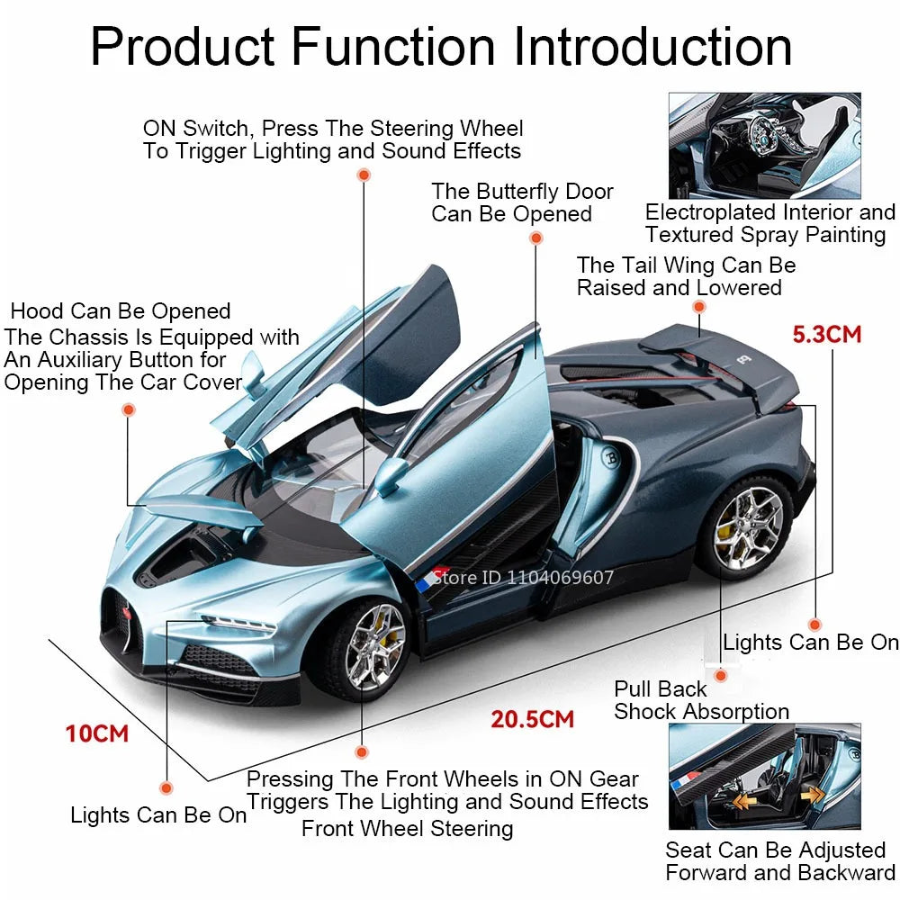 Bugatti Tourbillon, Nissan Skyline GTR, Model Sports 1:24 Car Alloy Diecast Sound Light Doors Opened Shock Absorption Ornament Supercar Toys Gift