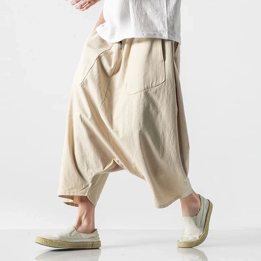 Spring Summer Men Plus Size Casual Harem Pants Vintage Loose Cotton Linen Wide Leg Pants Men Elastic Waist Pantalones Trousers