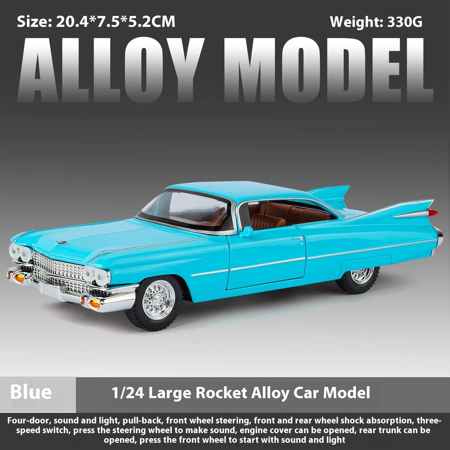 Cadillac Eldorado 1959 Metal Diecast Retro Car Model 1/24 Scale Sound and Light Back Pull Boy Gift Ornament Halloween Toys