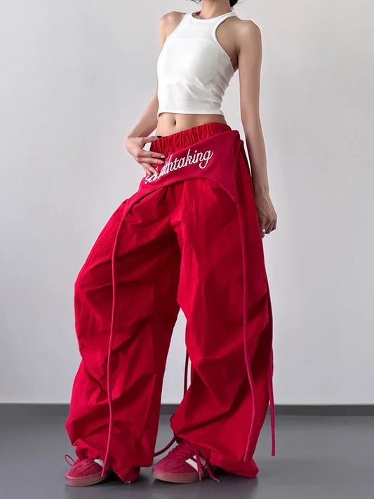 Women's Dance & Y2K Style Pants - Cross-layer Straps Design Casual Streetwear Trousers Wide Leg Cargo Pants for Hip Hop Dance
