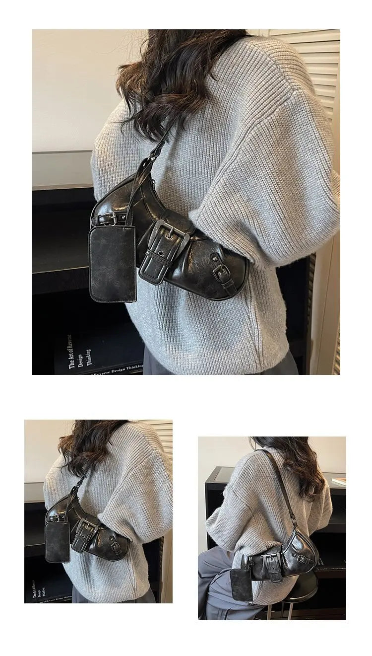 Shoulder Bags Y2K Retro Style Shoulder Bag, Maillard Pleated Rivet Armpit Bag, Fashionable Ladies Cool Leather Shoulder Bag