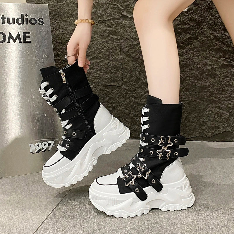 New Rock Platform Y2K Boots Women Summer 2026 Gothic Metal Star Belt Buckle Thick Sole Mid Calf Boots Woman Designer Punk Shoes