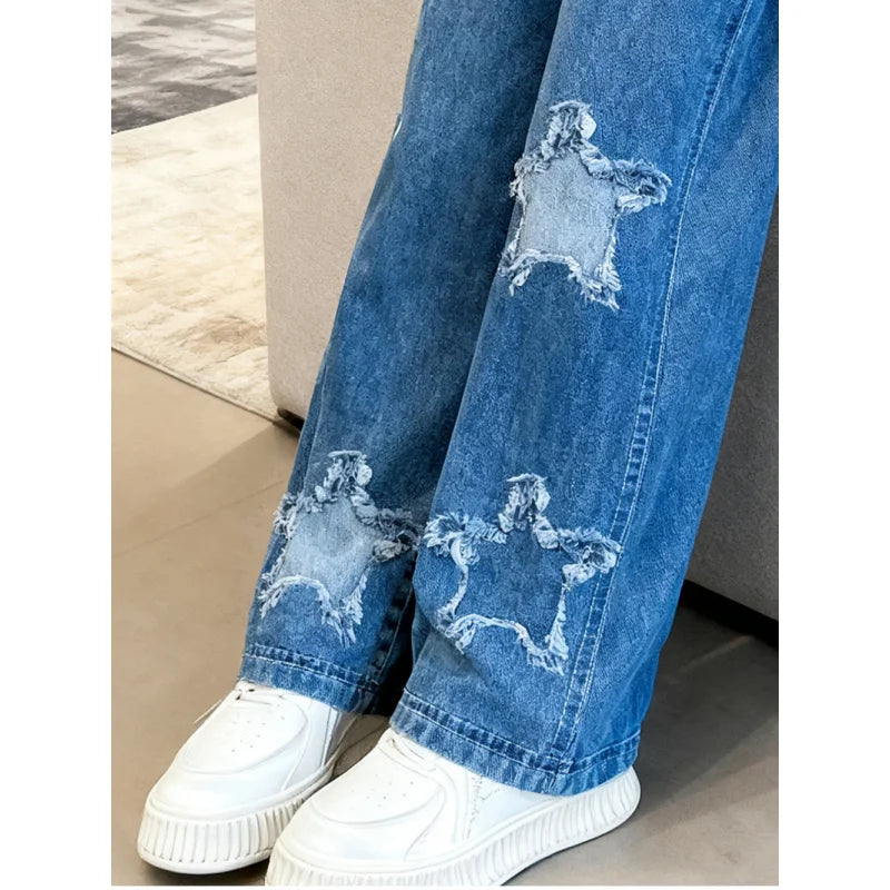 2026 Girls Comfortable Soft Fabric Wide-leg Pants, Casual Daily Versatile Style, Star Element Printed Imitation Denim Trousers