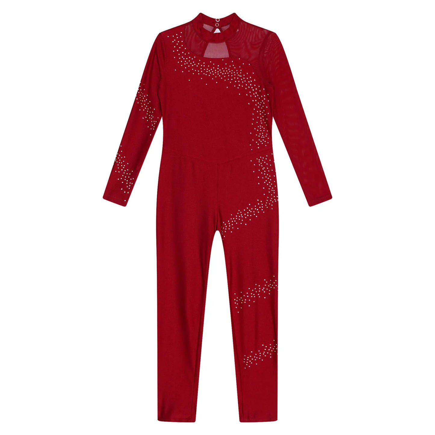 Kids Girls Ballet Dance Gymnastics Leotard Figure Skating Acrobatics Yoga Bodysuit Long Sleeve Shiny Rhinestone Mesh Jumpsuit
