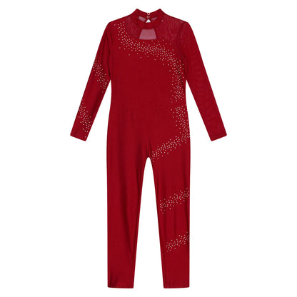 Kids Girls Ballet Dance Gymnastics Leotard Figure Skating Acrobatics Yoga Bodysuit Long Sleeve Shiny Rhinestone Mesh Jumpsuit