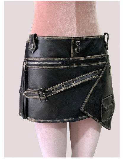 Mauroicardi Summer Cool Distressed Black Faux Leather Mini Asymmetrical Skirt Woman High Waist Short Luxury Designer Emo Clothes