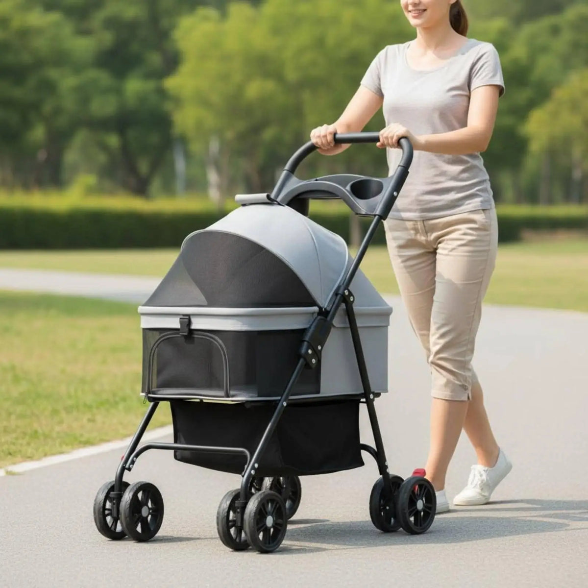 Foldable Pet Transport Cart Carrier for Small Dogs Cats Portable Rolling Travel Cart with Detachable Carrier Bag Oxford Cloth