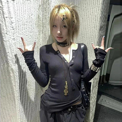 Tonngirls Y2k Japanese T Shirt Women Lace Long Sleeve Print Graphic Tops Streetwear American Retro 90s Crop Tops Autumn Tshirts