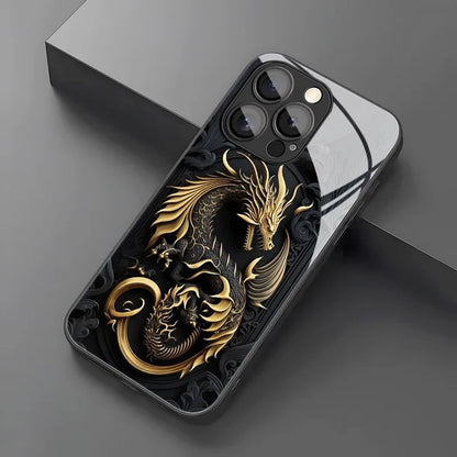 Luxury Golden Dragon Pattern Tempered Glass Black Phone Case For Samsung Galaxy S25 S24 S23 Ultra Plus FE Shockproof Cover