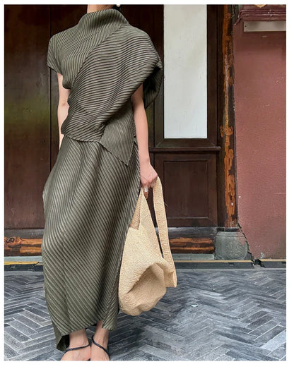 Miyake Pleated Women Set 2026 Summer New Solid Color Irregular Design T-shirt Loose Large Half Skirt Female Two Piece Set