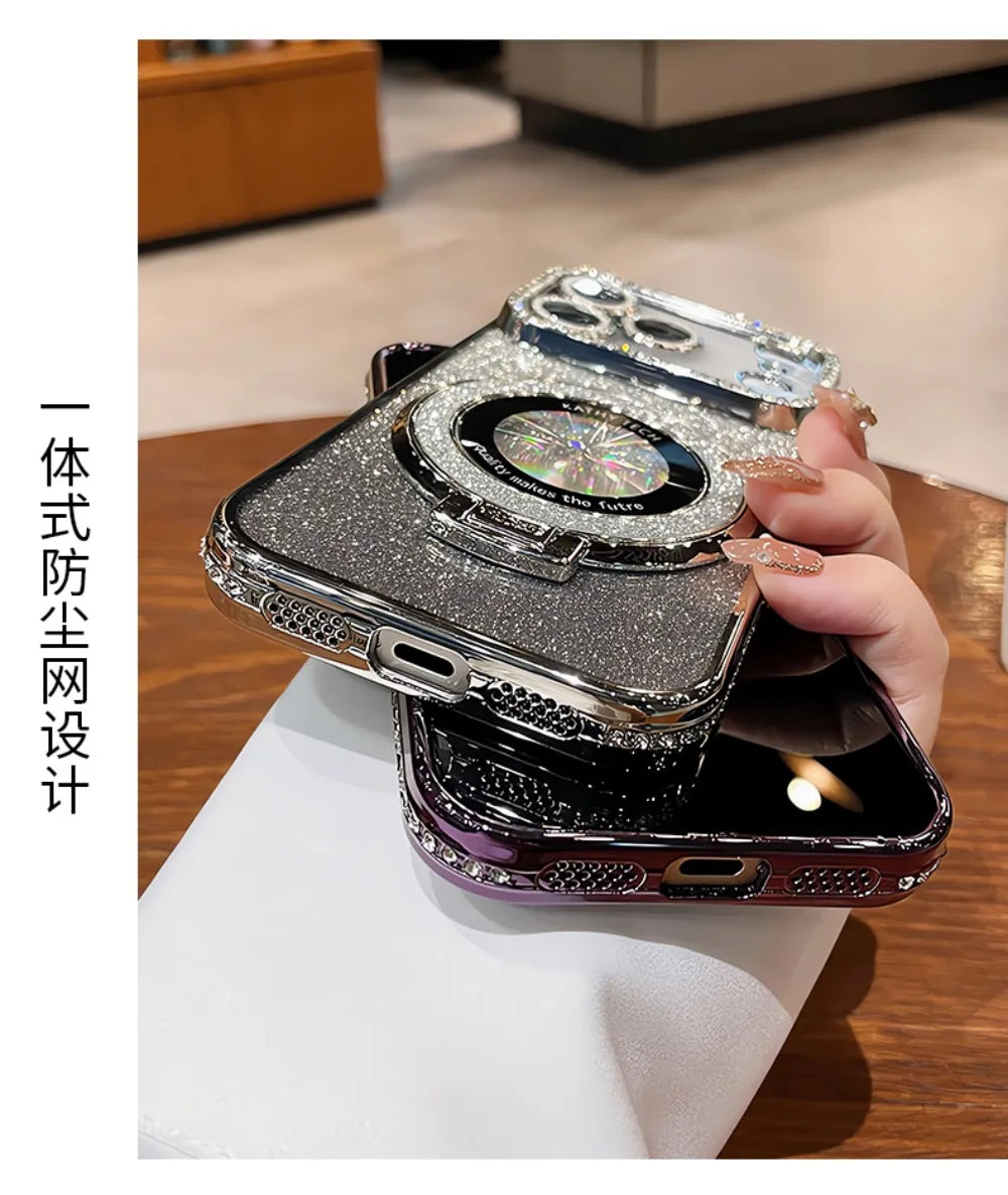 Suitable for iPhone17/16/15/14/13/12/11 Case With Lens Film 16 Anti-drop 15 Rhinestone Glitter Magnetic Stand
