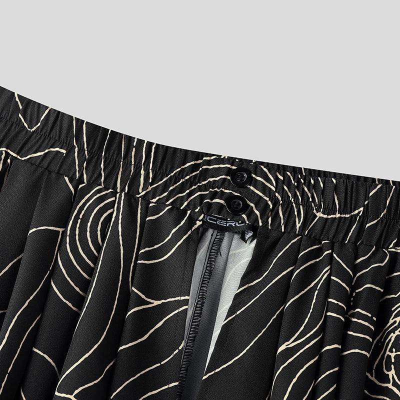 INCERUN Men Irregular Skirts Printing Elastic Waist Joggers Casual Wide Leg Trousers Men Streetwear Baggy 2026 Fashion Male Bott