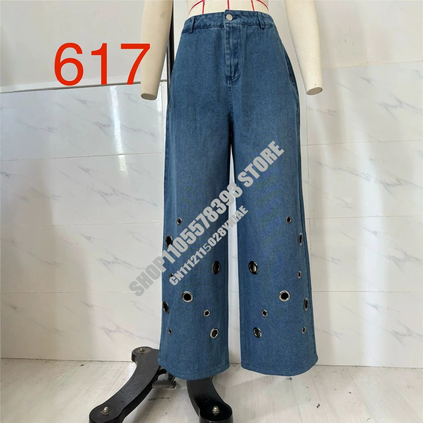 American High Street Straight Leg Jeans Women Metal Ring Hollow Long Jeans Autumn Casual High Waist Pockets Baggy Denim Pants