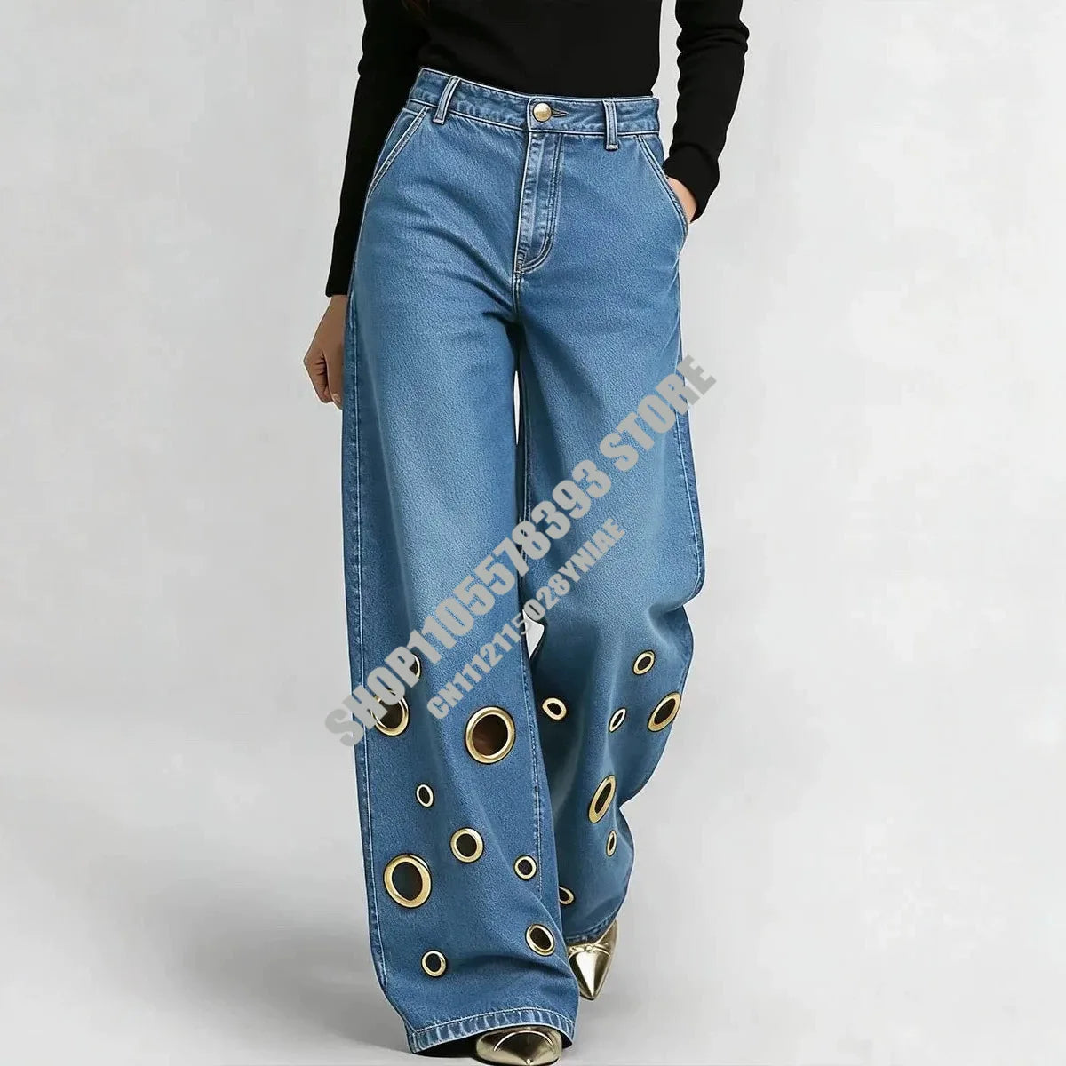 American High Street Straight Leg Jeans Women Metal Ring Hollow Long Jeans Autumn Casual High Waist Pockets Baggy Denim Pants