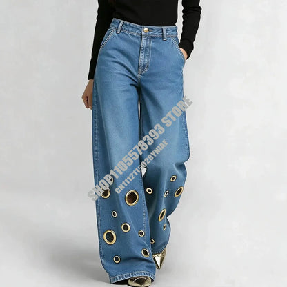 American High Street Straight Leg Jeans Women Metal Ring Hollow Long Jeans Autumn Casual High Waist Pockets Baggy Denim Pants