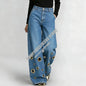 American High Street Straight Leg Jeans Women Metal Ring Hollow Long Jeans Autumn Casual High Waist Pockets Baggy Denim Pants