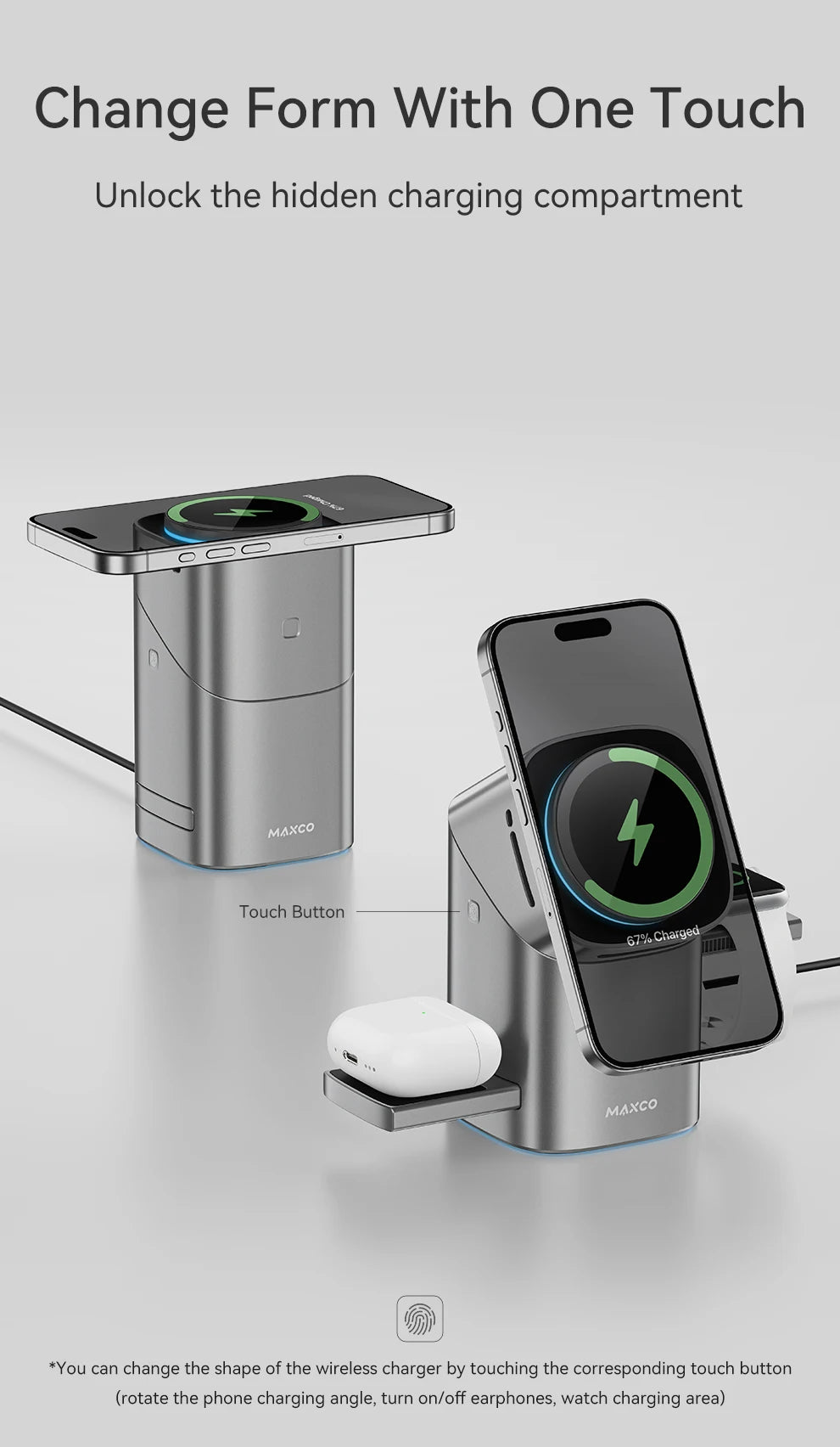 MAXCO Qi2 3-in-1 Wireless charger with Auto-Rotating Phone Dock compatible with MagSafe for iPhone Apple Watch Ultra 2 Airpods