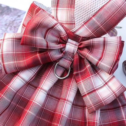 Reusable with Leash Traction Dog Plaid JK Dress Thin Dacron Pet Harness Skirt Adjustable Washable Dog Bow Skirt Rabbit