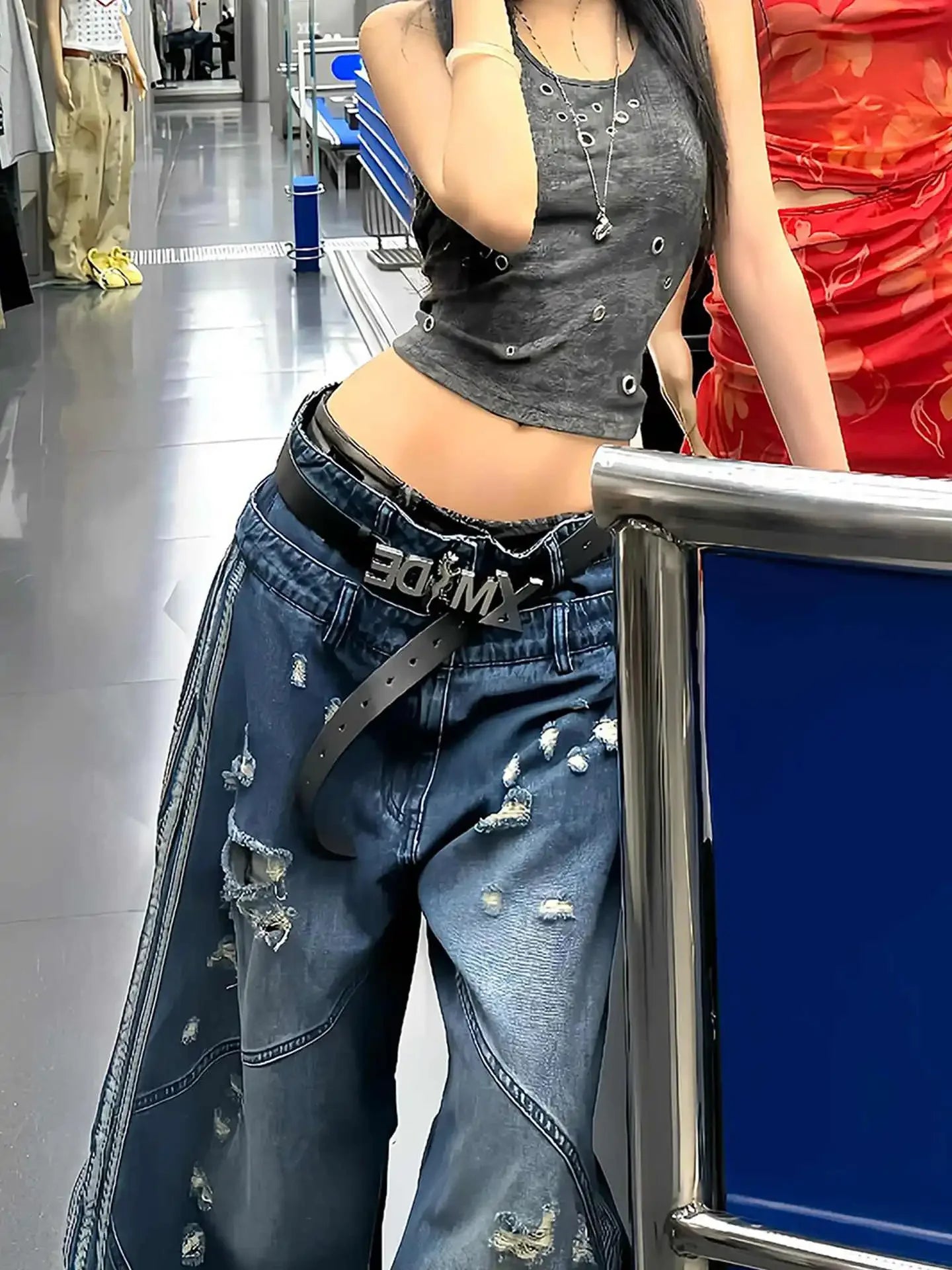 Vintage Blue Women Ripped Jeans High Waist Hip Hop Straight Baggy Denim Pants Streetwear Y2K American Retro Wide Leg Trousers