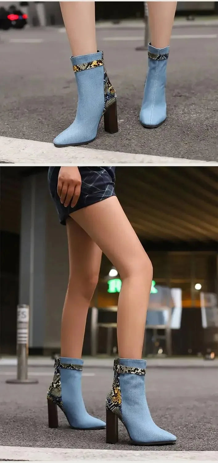 New Fashion Mixed Color Lace Up Ankle Boots for Women Europe America Pointed Toe High Heel Big Size Shoes 45 46 47