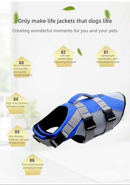 Reflective Dog Life Jacket Adjustable Breathable Pet Safety Vest Enhanced Buoyancy Oxford Cloth Swimming Clothes Beach