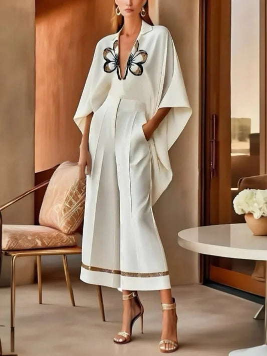 Gymystars Fashion Set of Pants Woman 2026 High-Low Flower Print V-Neck Tops Casual Wide Leg Pockets Pants Two Piece Set Outfit