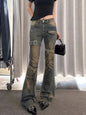 American High Street Spliced Cargo Jeans for Women Summer New Vintage Washed Design High Waist Slimming Flared Pants Women