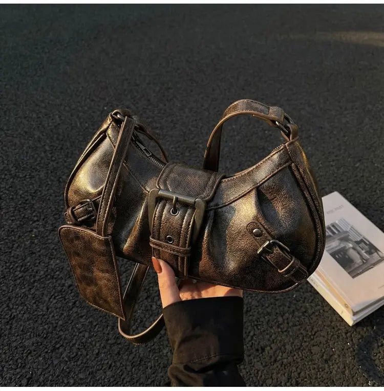 Shoulder Bags Y2K Retro Style Shoulder Bag, Maillard Pleated Rivet Armpit Bag, Fashionable Ladies Cool Leather Shoulder Bag