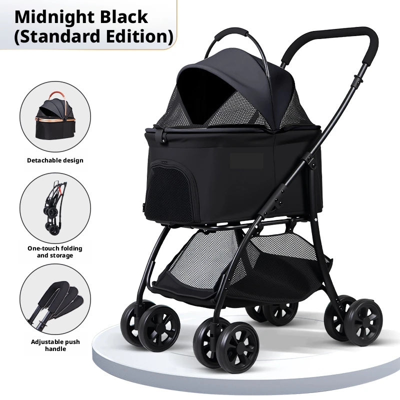 Pet Stroller 2-in-1 Detachable with Removable Lightweight Carrier Basket One-Click Fold 4-Wheel Dog Cat Trolley Breathable Mesh Windows Large Storage Space for Small Medium Pets