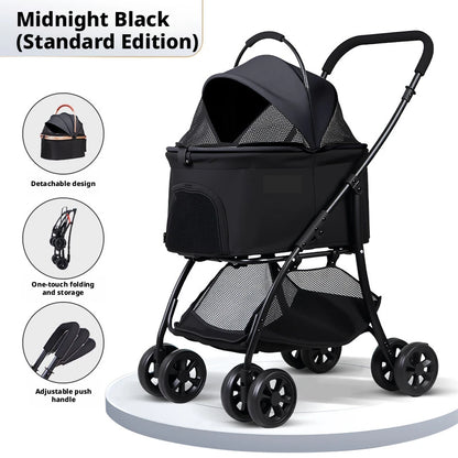 Pet Stroller 2-in-1 Detachable with Removable Lightweight Carrier Basket One-Click Fold 4-Wheel Dog Cat Trolley Breathable Mesh Windows Large Storage Space for Small Medium Pets