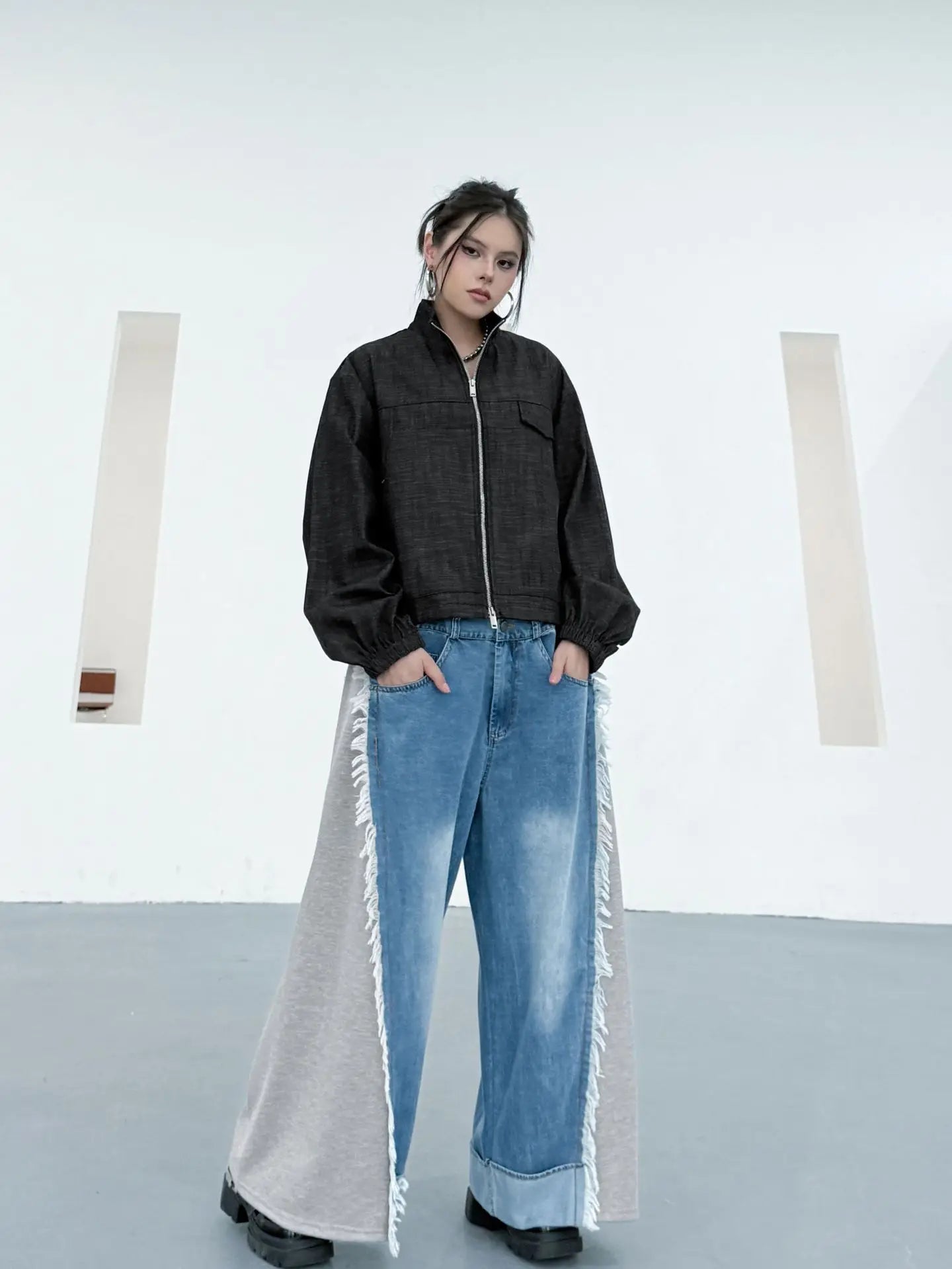 NYFS Europe United States Patchwork Loose plus Size Women's Jeans Elastic Waist Trousers Autumn Fashion Denim Wide-leg pants