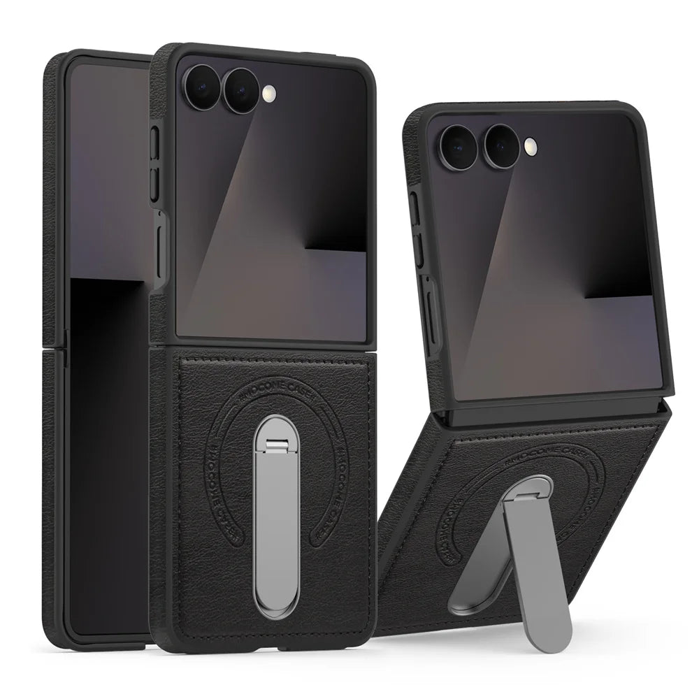 Luxury Invisible Fold Stand Magnetic Leather Phone Case For Samsung Z Flip 7 FE 6 5 4 3 5G For Magsafe Wireless Charging Cover
