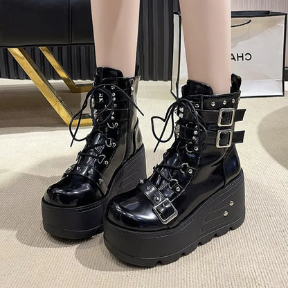New Punk Women's Boots Wedges Ladies Shoes Patent Leather Boot Rivets Cosplay Ankle Boots Zip Ladies Gothic Motorcycle Boot