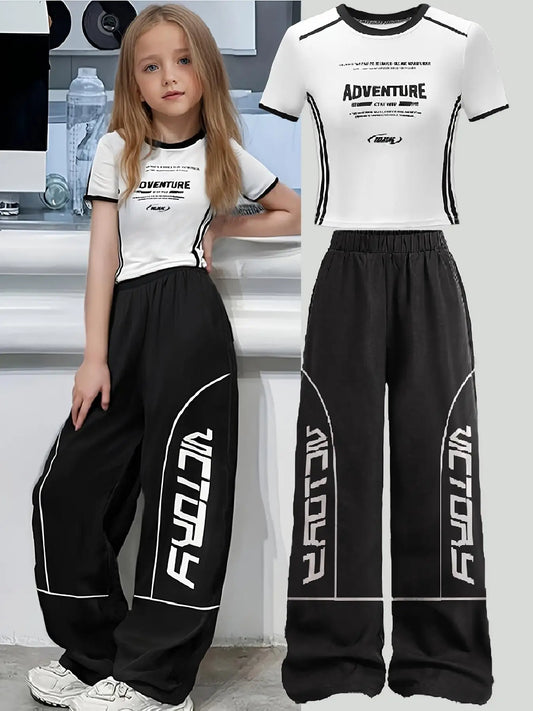 Children's Clothing Girls' Set Y2K Street Fashion Letter Print Set Girls' Knitted Number Print T-Shirt + Sports Wide-Leg Pants Set Versatile Cool Two-Piece Set for Going Out