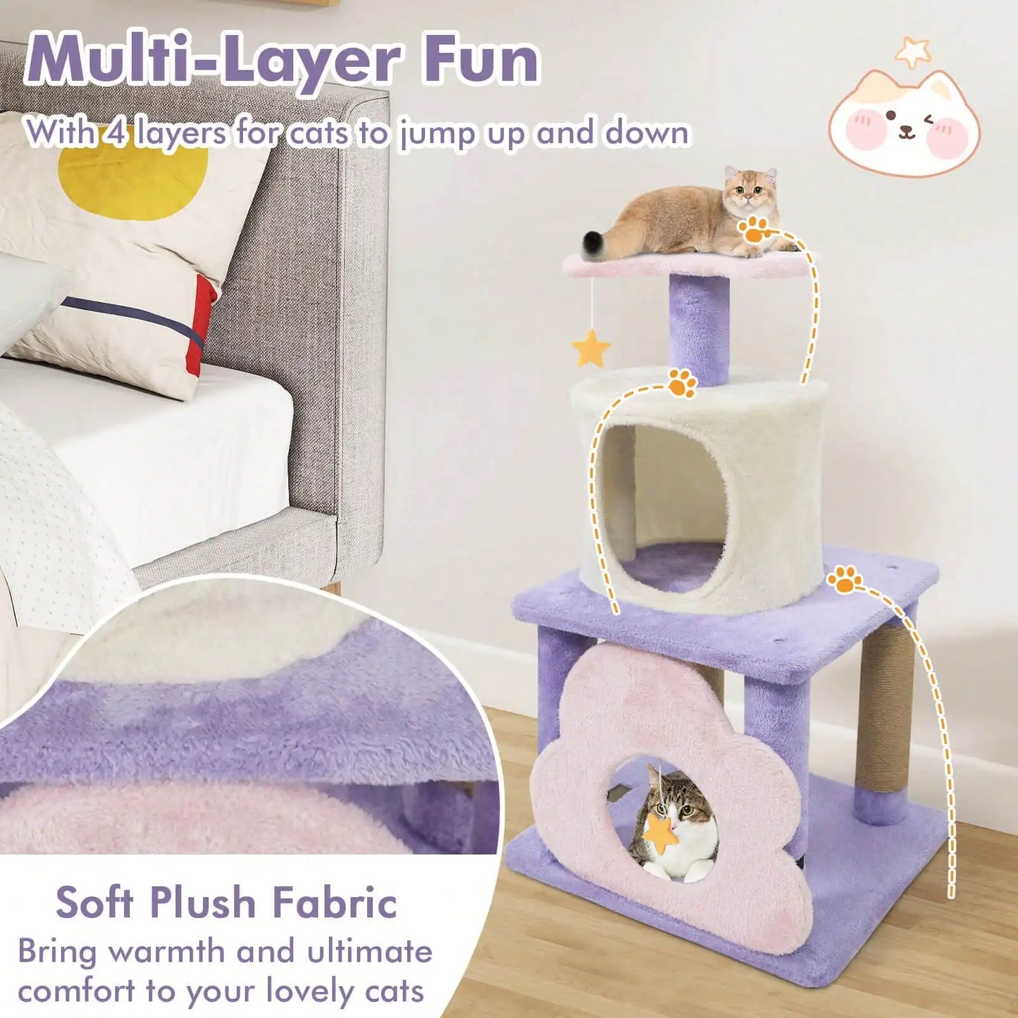 31.5" Cute Modern Cat Tree With Condo Top Perch Jute Scratching Posts Hanging Toy Blue/Purple