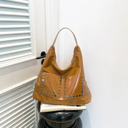 Retro Rivet Ladies Underarm Bag Fashion Girls Trend PU Leather Shoulder Bag Simple Design Style Large Capacity Women's Tote Bag