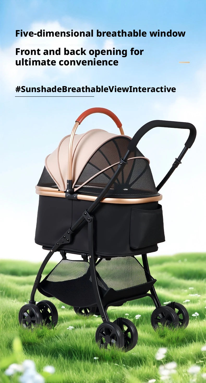 Pet Stroller 2-in-1 Detachable with Removable Lightweight Carrier Basket One-Click Fold 4-Wheel Dog Cat Trolley Breathable Mesh Windows Large Storage Space for Small Medium Pets