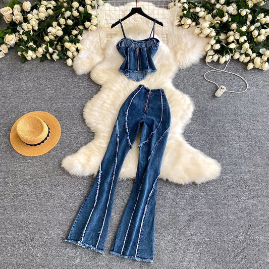 Two Pieces Women Pant Set Denim Matching Set Solid Camisole Sleeveless Top Zipper Fly Empire Waist Full Length Pants 2026 Summer